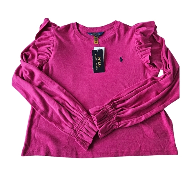 NWT Polo by Ralph Lauren Girls 12-14  Dark Fuchsia Ruffle Long Sleeve Tee - Picture 2 of 7